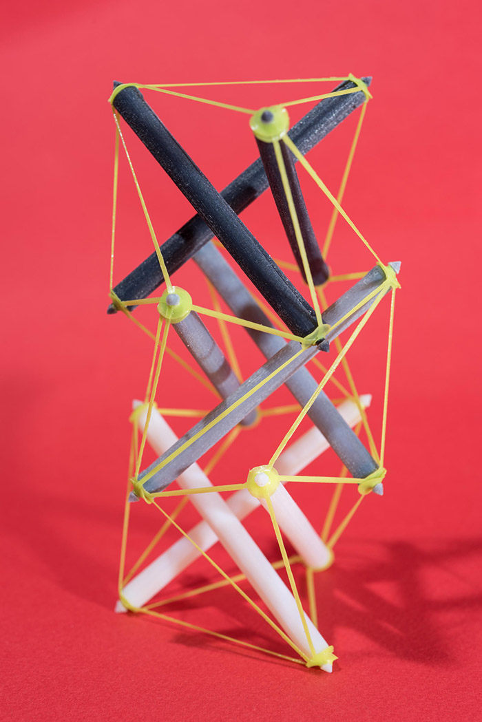 Researchers at Georgia Tech 3-D printed this object made with tensegrity, a structural system of floating rods in compression and cables in continuous tension. (Photo: Rob Felt)