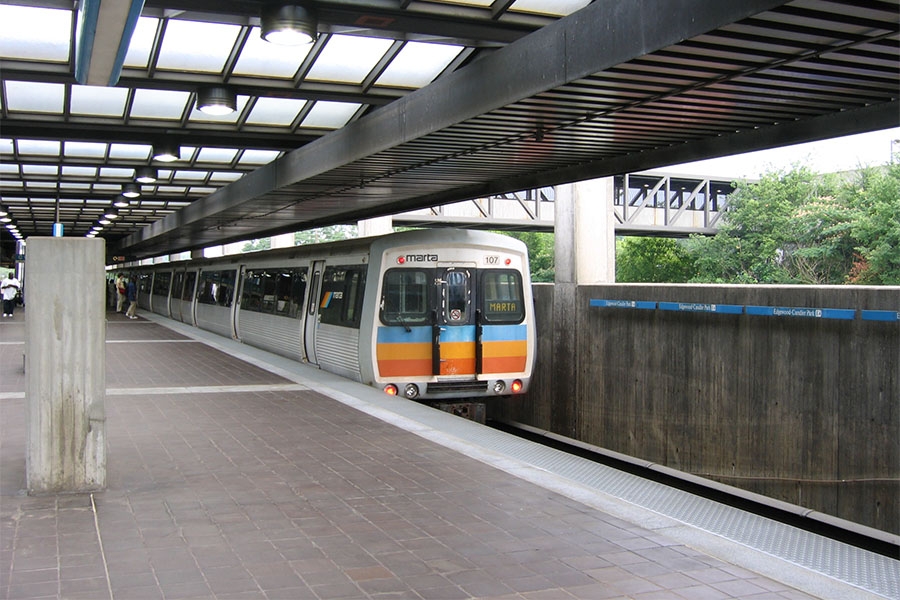 A MARTA train in the Edgewood-Candler Park transit station.