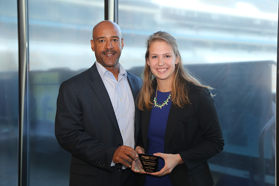 Lauren Gardner receives his award from School Chair Reginald DesRoches. (Photo: Jess Hunt-Ralston)