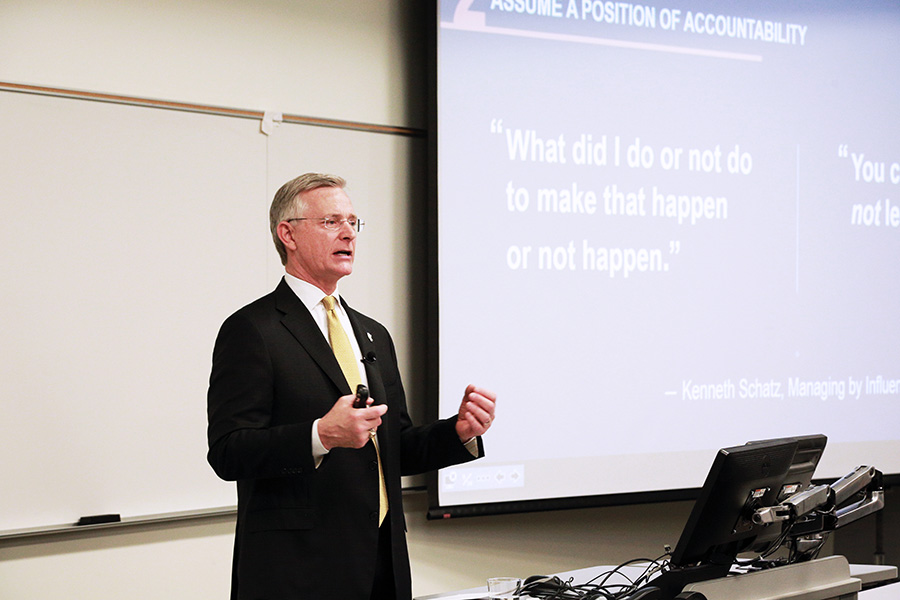 Bill Calhoun talks about accountability during the spring 2018 Hyatt Distinguished Alumni Leadership lecture. Accountability was one of five principles that he explored during his presentation to students, faculty, staff and alumni in the School of CIvil and Environmental Engineering. Calhoun graduated from the School in 1981 with a bachelor's in civil engineering. (Photo: Zonglin "Jack" Li)