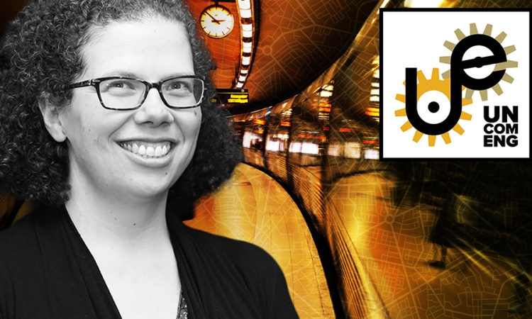 A black and white photo of Kari Watkins layered on top of a stylized image of a commuter train with the logo of the Uncommon Engineer podcast