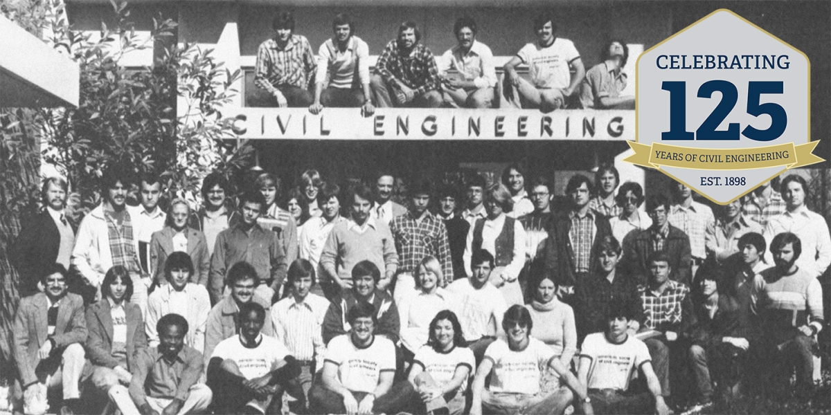 A group of civil engineering students sit outside the Mason building int he 1970s. Commemorative image badge notes 2023 is the 125th anniversary of the school