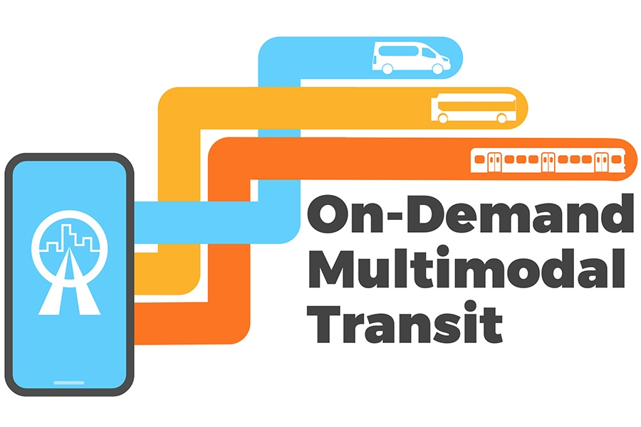 A graphic featuring a smart phone with yellow, blue and orange lines next to the words On-Dmand Multimodal Transit