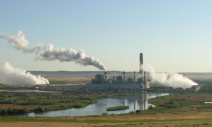 Coal-fired power plant in central Wyoming billowing smoke 