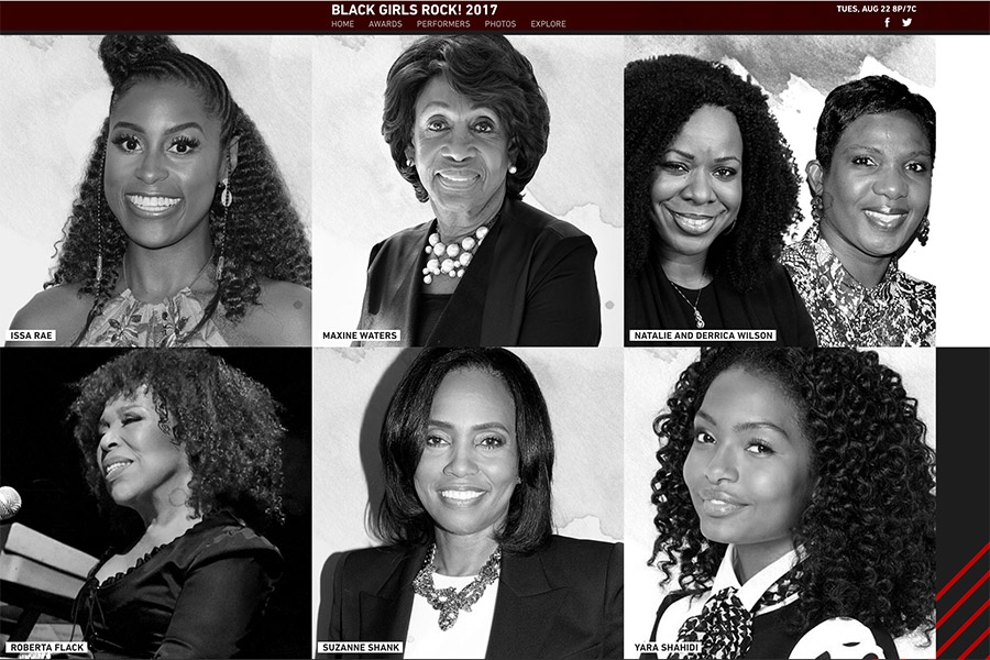 Screenshot of the BET Black Girls Rock! 2017 webpage, featuring alumna Suzanne Shank and other winners, Issa Rae, Maxine Waters, Natalie and Derrica Wilson, Roberta Flack, and Yara Shahidi.